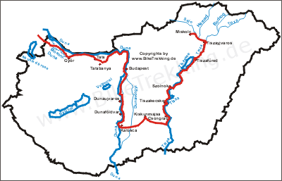 Ungarnkarte mit eingezeichneten Radtouren